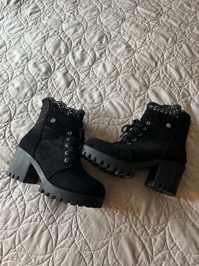 Black Lace-Trim Chunky Heel Ankle Boots